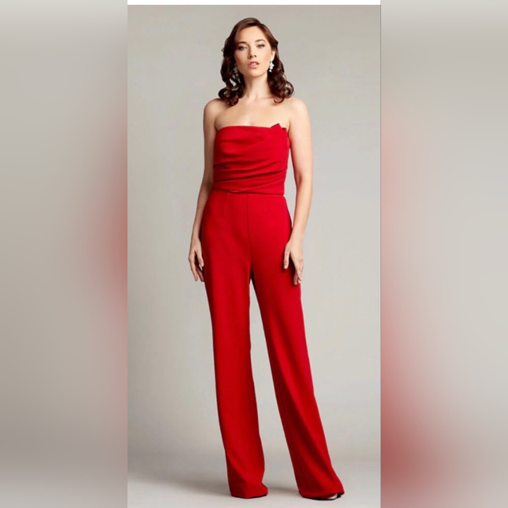 Tadashi Shoji Red Strapless Jumpsuit with Wide-Leg Design